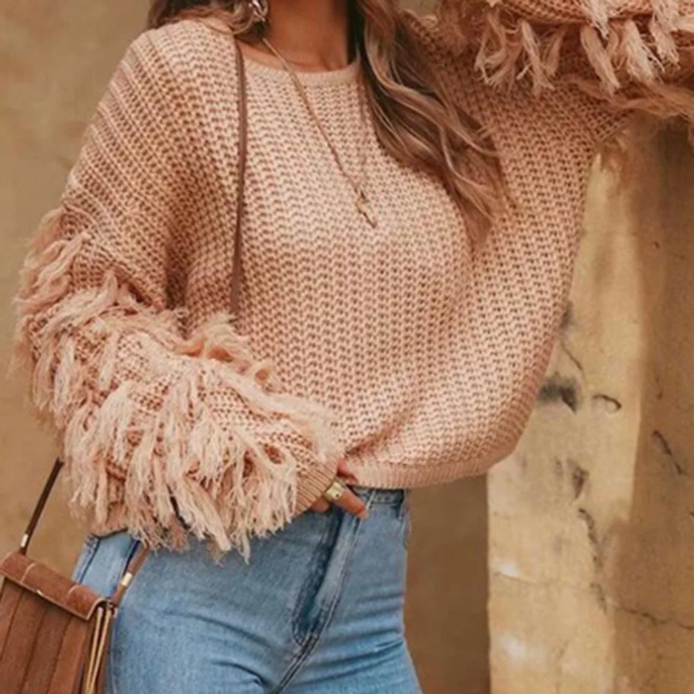 Женские зимние розовые вязаные свитера с кисточками женские осенние однотонные