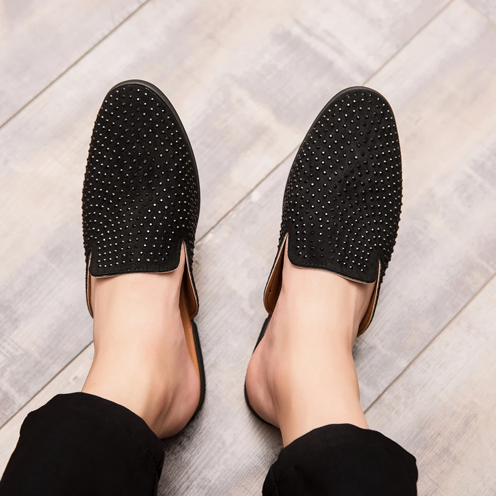 Лоферы ручной работы модные мужские тапочки с блестящими заклепками черные шипы