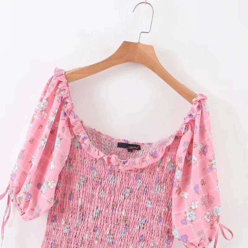 Бохо цветочный принт розовое сексуальное платье женское с буфами рукав Винтаж