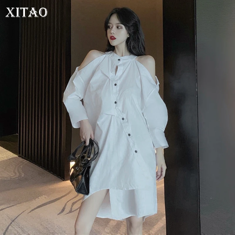 XITAO сексуальное асимметричное платье с открытыми плечами однобортное длинным