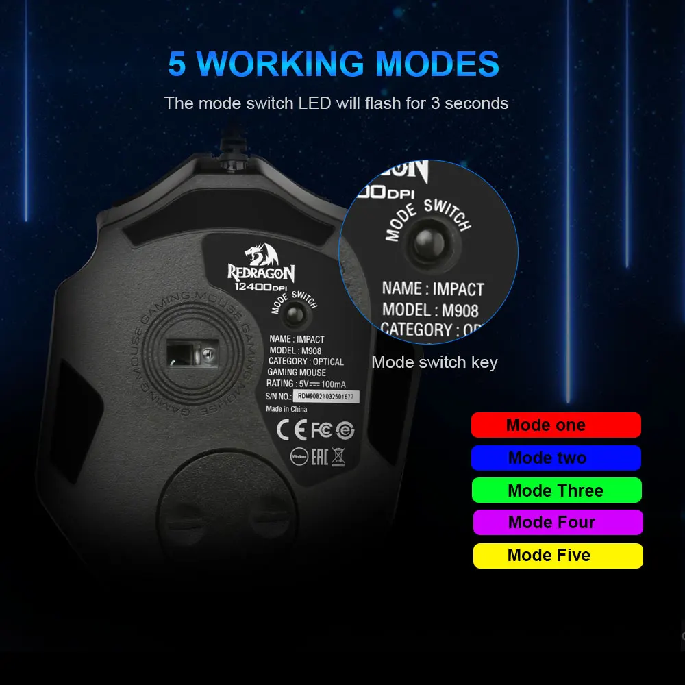 USB мышь компьютерная Redragon Impact M908 игровая Проводная с RGB подсветкой и 17