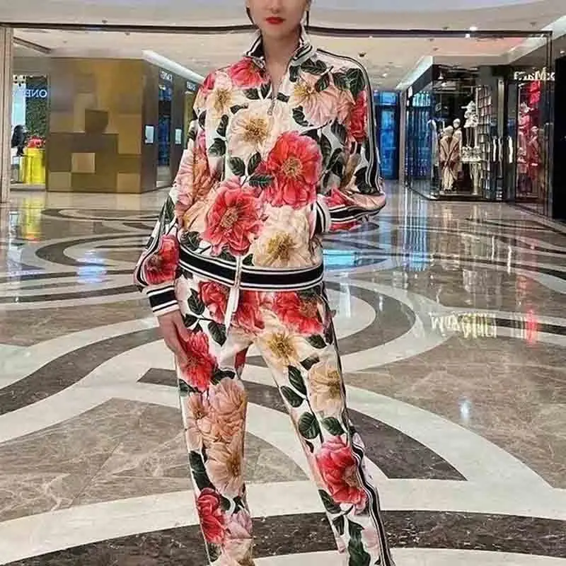 Tracksuit 2021 Spring Women Sets Rayon Print Casual Suit Zipper Baseball Jacket Drawstring Pants Sports 2 Piece Set