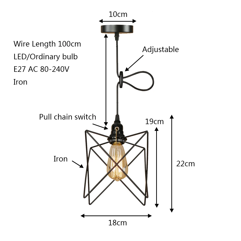 Винтажный чердак черный подвесной светильник светодиодный E27 промышленный с