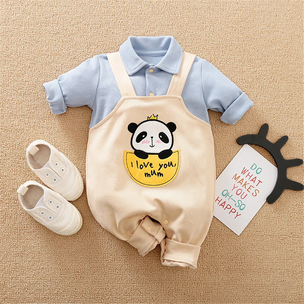 

Prowow Cute Panda Baby Clothes Unisex Turn-Down Collar Cartoon Baby's Rompers Summer Fake Belt Bodysuit For Newborns Overalls