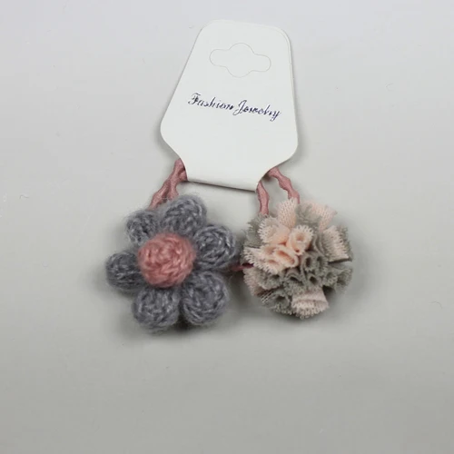 Grey Flower Lace 2 шт./партия, зимний детский вязаный цветок, пушистые круглые помпоны для волос, помпон для волос, резинки для волос, конский хвост, держатель HB038 - Цвет: Grey Flower Lace
