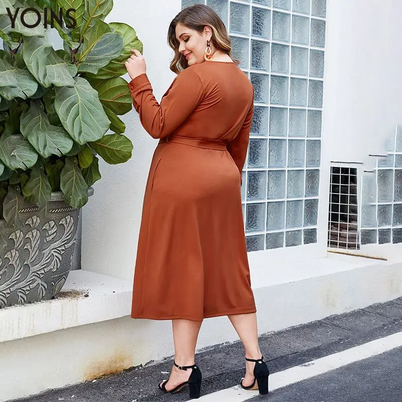 YOINS элегантное платье миди с поясом v образным вырезом пуговицами передними