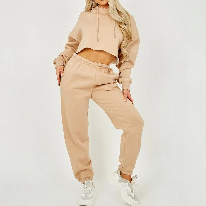

2021 Autumn Two Piece Set Tracksuit Women Cropped Hooded Fleece Sweatshirt Top And Pants Sport Sweat Suit Women's Sets Outfits