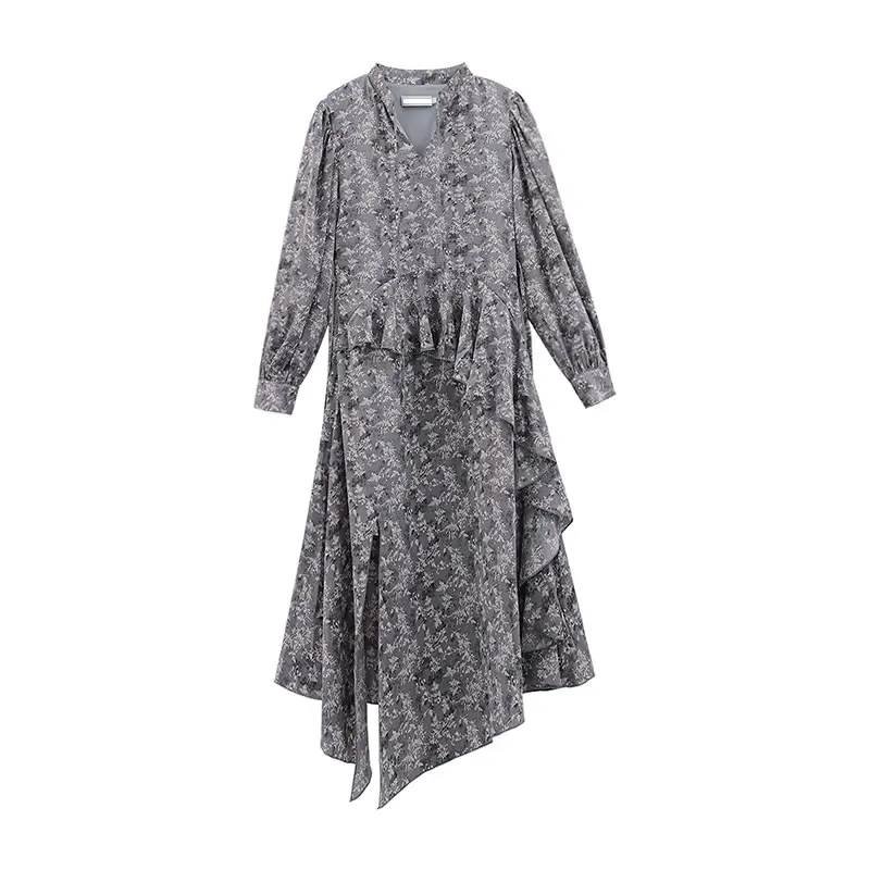 

XITAO Ruffles Patchwork Floral Dress Women Trendy Fashion New Style V Neck Collar Long Sleeve Splits Personality Elegant ZY5262