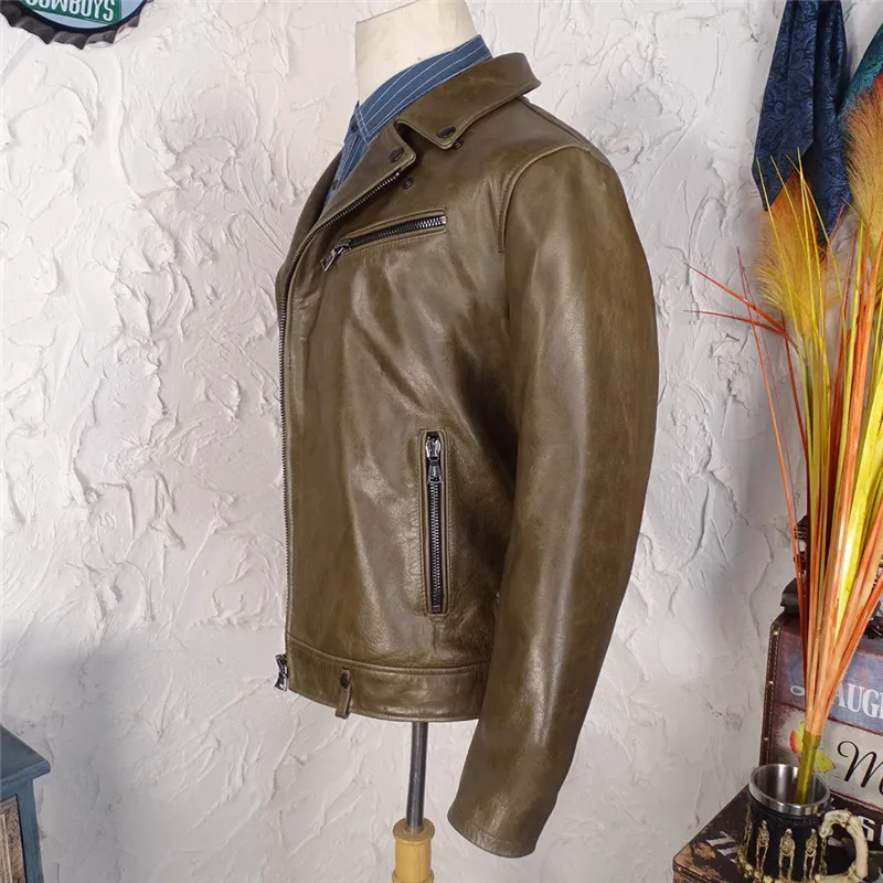 

2021Dark Green Motorcycle Style Genuine Leather Jacket Men Plus Size 4XL Real Natural Cowhide Autumn Slim Fit Biker's Coat