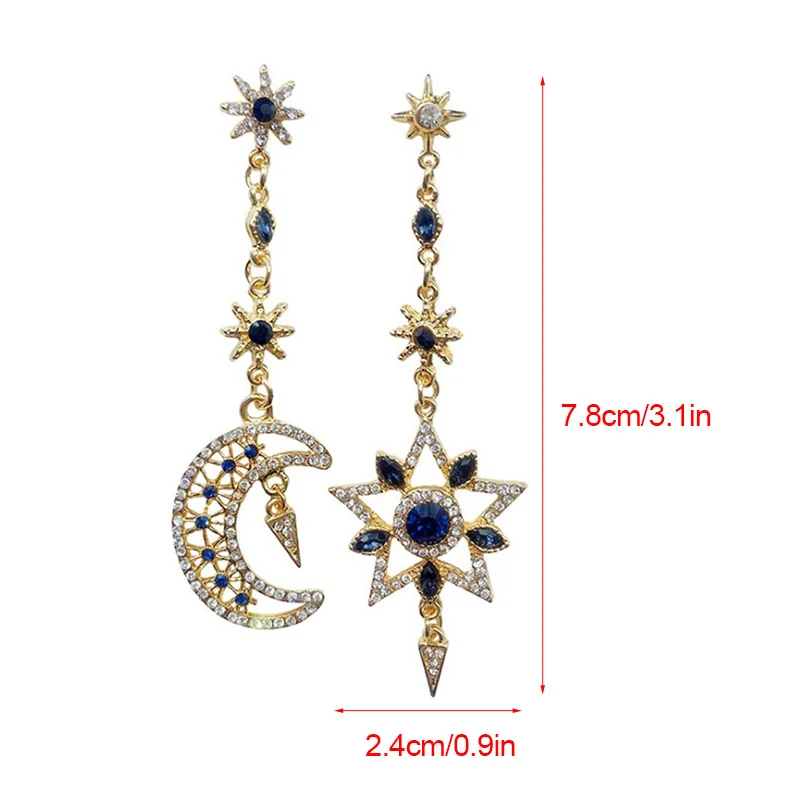 NEW Shiny Rhinestone Asymmetric Earrings Temperament Long Five-Pointed Star Moon Personality Female Trend Korean | Украшения и
