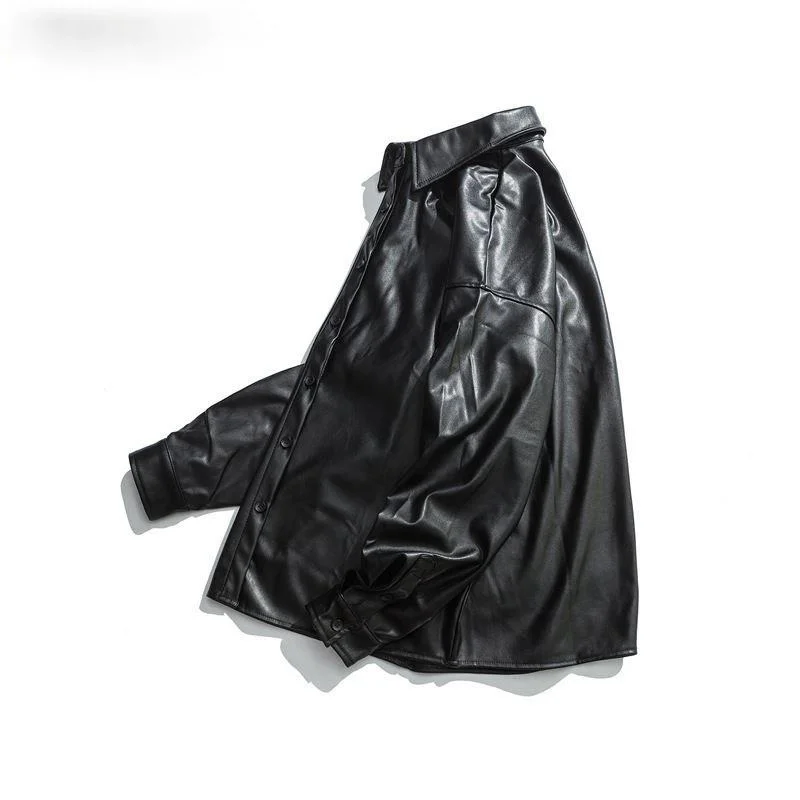 

Oversized Pu Windproof Man-made Leather Jacket Classic Black Jacket Basic Single Breasted Long Sleeve Coat Couple Casual Coat