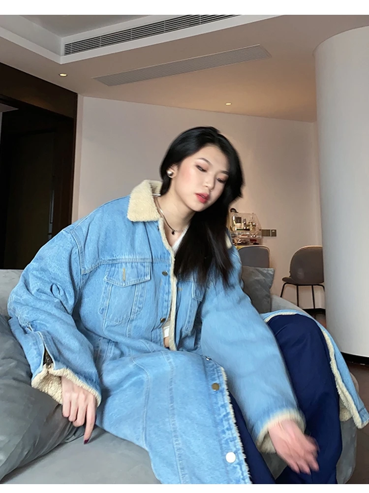 

Medium length lamb wool denim cotton padded jacket for women thickened and fluffy coats