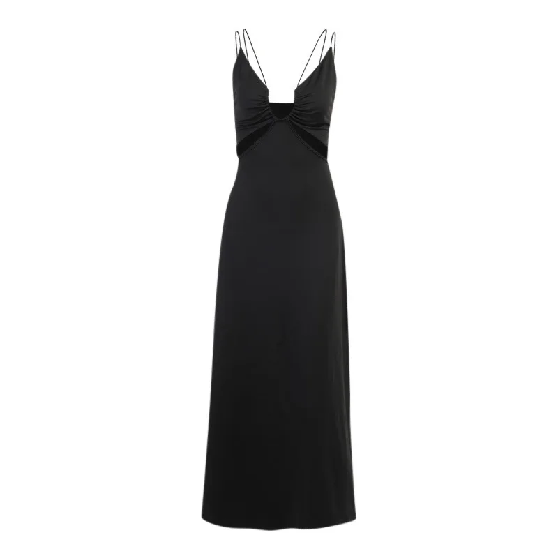 

Women Sleeveless New Hanging Tape Long Skirt 2021 Summer Fashion Slim Sexy Hollow V-Neck Dress Street Party Elegant Dress