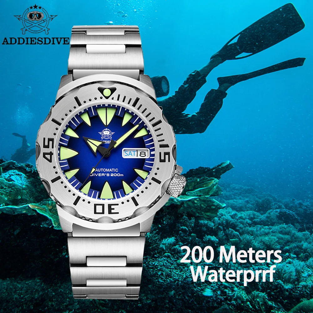 

ADDIESDIVE Monster NH36A Automatic Male Diving Watch 200M Water Resistant Sapphire Crystal C3 Luminous Dial Stainless Steel Band