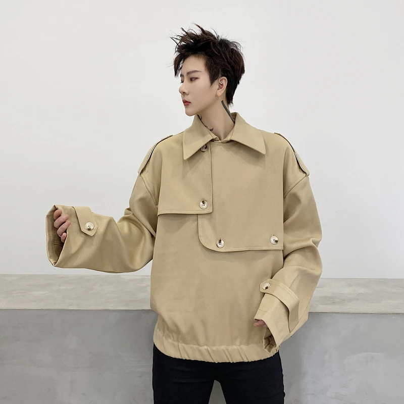 

IEFB 2021 Spring Structural Laminated Design Button Decoration Men's Pullover Jacket Short Loose Coat Male New Pullover 9Y5299