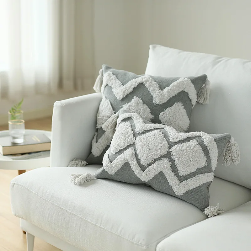 2PCS cojines decorativos para sofa Morocco geometric Beige white tufted tassel pillowcase christmas cushion cover harry styles