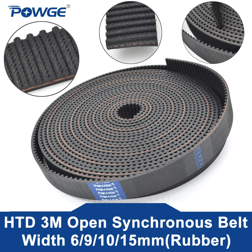 POWGE High torque HTD 3M open Synchronous timing belt width 6/9/10/15/20mm length 5M/10M/50M Neoprene Rubber HTD3M Pulley CNC