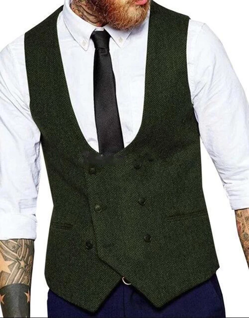 

Men's Double Breasted Suit Vest U-neck Herringbone Tweed Vest Jacket Slim Fit Casual Formal Wear Men's Wedding Vest