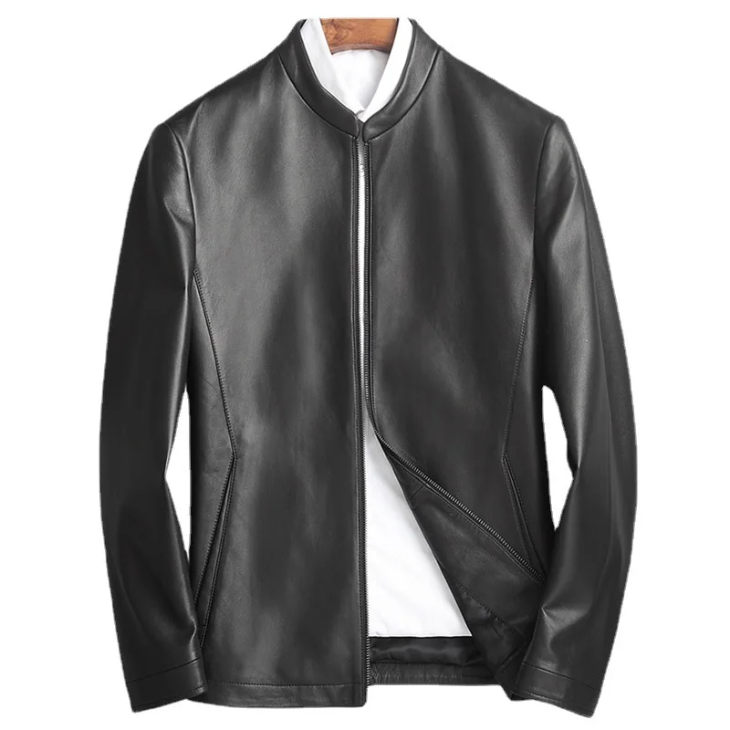 

Mens Real Sheepskin Genuine Leather Jacket Slim Fit Stand Collar Formal Business Classic Jackets Male Coat Brand Clothes