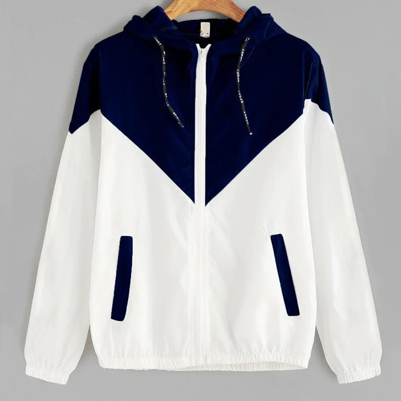 

Women Hooded Basic Jackets Autumn Hooded Jacket Female Zipper Pockets Two Tone Windbreaker Jacket Casual Long Sleeves Coats