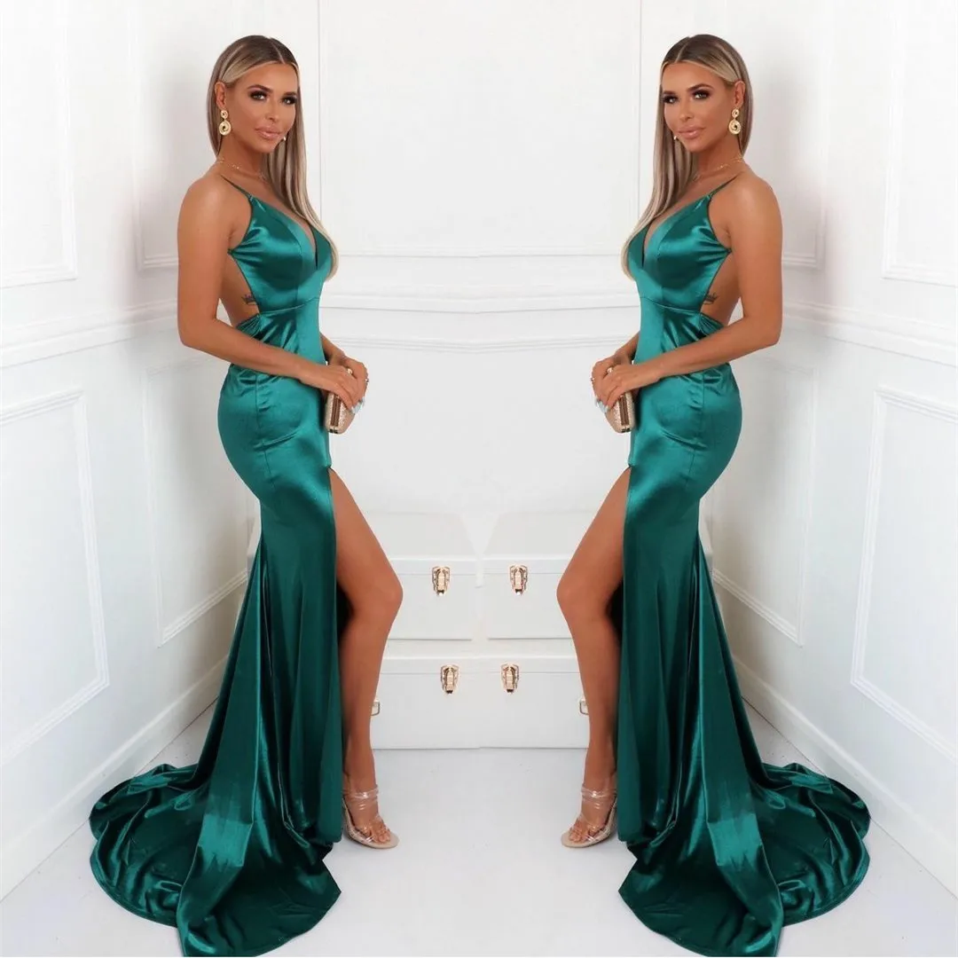 

Женское вечернее платье с юбкой годе, длинное зеленое платье с V-образным вырезом и разрезом, платье для вечерние