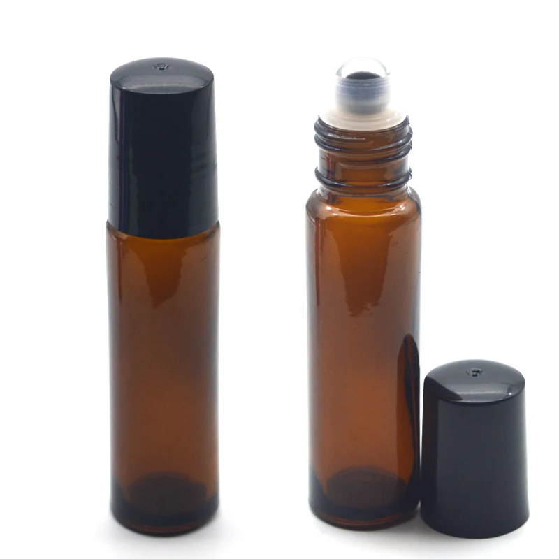 

144pcs Amber 10ml Glass Bottle Roller Empty Fragrance Perfume Essential Oil Roll-On Bottle Black Plastic Cap
