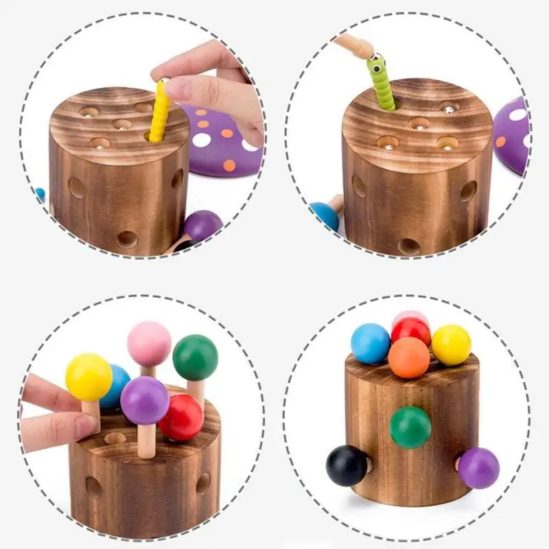 Обучающие деревянные магнитные грибы Монтессори насекомые поймать червя игра