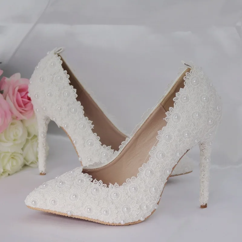 Sexy Pumps Wedding Women Fetish Shoes women pumps Party banquet Lace PU Rhinestones Slip On 11CM Thin High Heels Pointed Toe