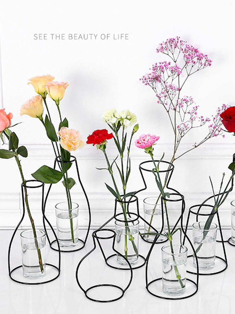 

Flower Vase with Metal Frame Retro Iron Line Table Flowers Vases Nordic Decoration Home Plant Holder Flower Vase Home Decor