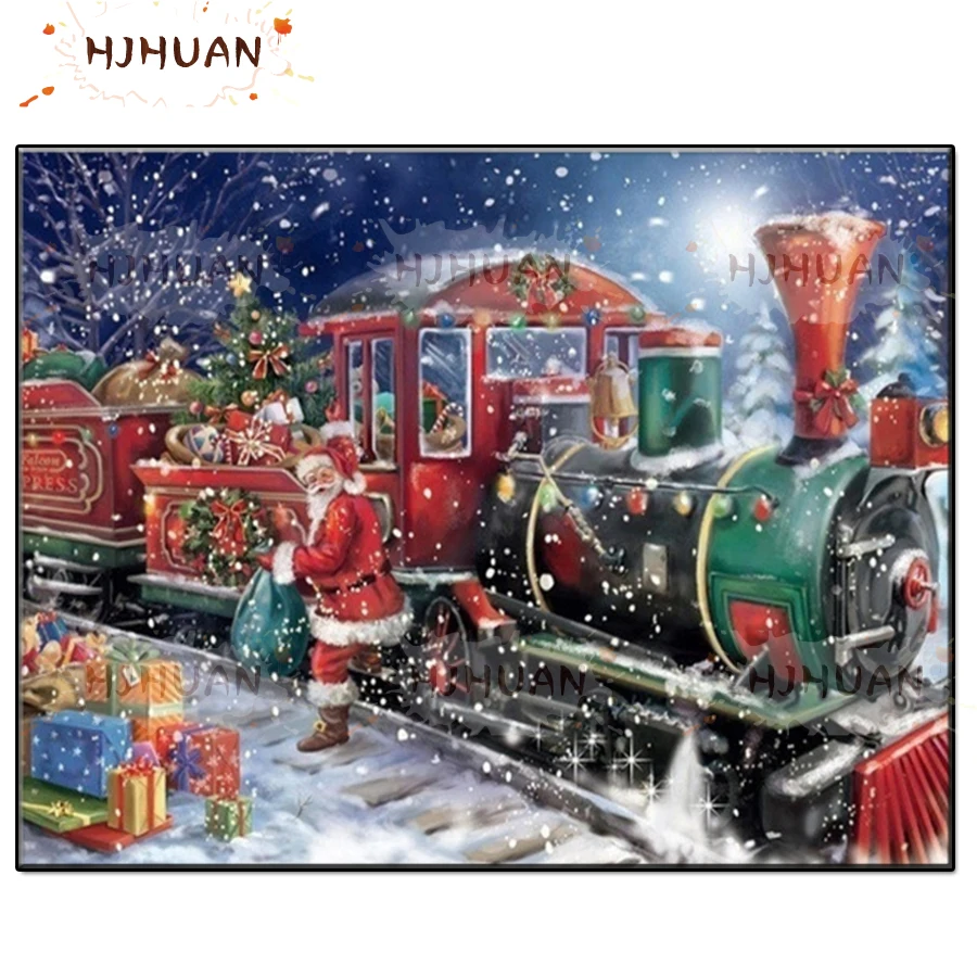 

3D Snow scene, Santa Claus giving gifts, green leather train Diamond Painting Diamond Embroidered Picture Mosaic Home Decoration
