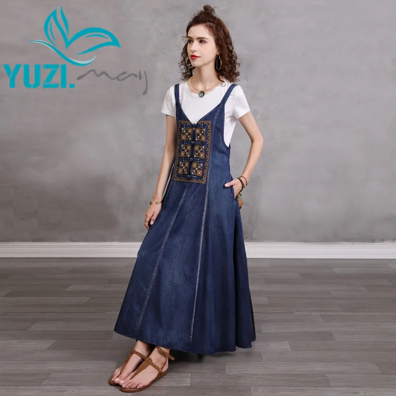 Summer Women's Dress 2021 Yuzi.may Boho New Denim Woman Dresses V-Neck Vintage Embroidery Frog Knot Vestidos A82320 Vestido