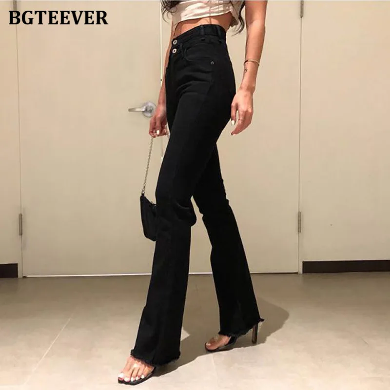 

BGTEEVER Elegant Double Button Women Solid Jeans Pants 2021 Spring Summer Pantalon High Waist Skinny Female Flare Jeans Trousers