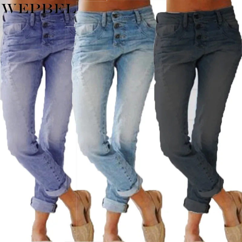 

WEPBEL Jeans Summer Washed Vintage Bleached Solid Color Jeans Women's Casual Button Denim Mid-Waist Straight Trousers