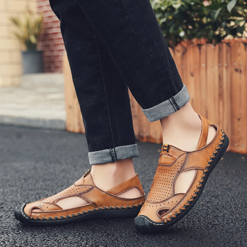 

Soft genuine Leather Men's Sandals Classic Roman Sandals Casual handmade sewing Shoes Summer Outdoor Beach Man Sandals Sneakers