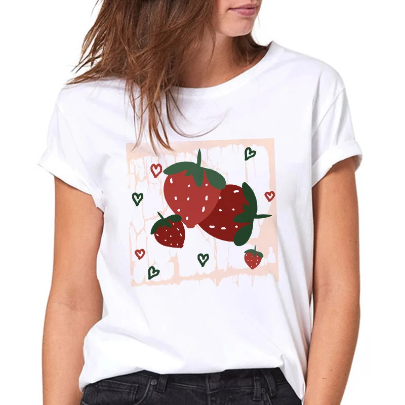 

Casual Summer Women's T-shirt Strawberry Print Pattern T-shirt Women's White Short Sleeve Oversized T-shirt Harajuku Women's Top