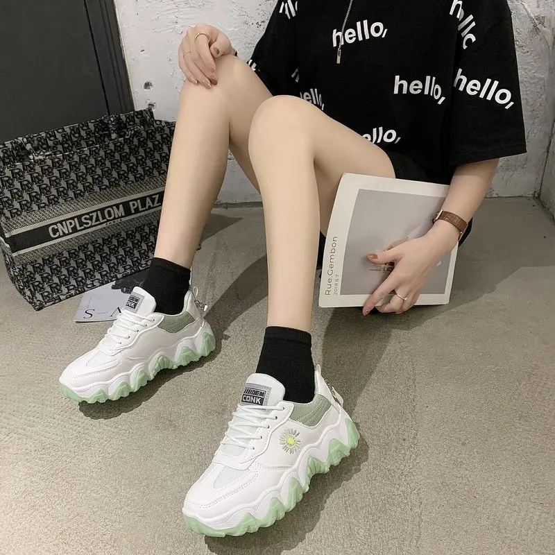 

New Autumn Sneakers Women Shoes Flower Lace Up Thick Bottom High Heels Platform Shoes Woman Breathable Air Mesh Casual Shoes