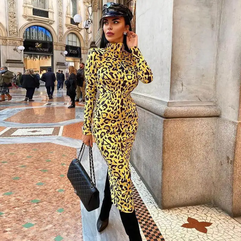 Women Sexy Vestidos Stand Neck Leopard Print Bodycon Long Sleeve Dress Party Club Midi | Женская одежда