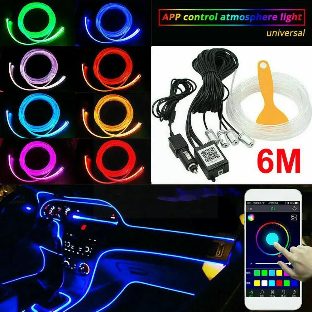 

6 в 1 RGB светодиодный атмосферный автомобильный светильник для интерьера с оптоволоконным управлением App, 8 м, светильник «сделай сам», музыка...
