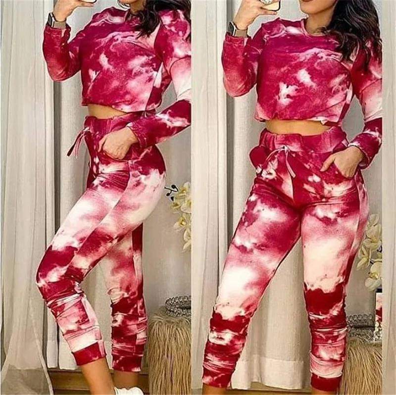 

Женский костюм с галстуком-краской, короткий топ с длинными рукавами и круглым вырезом, эластичная резинка на талии, укороченные брюки, женс...