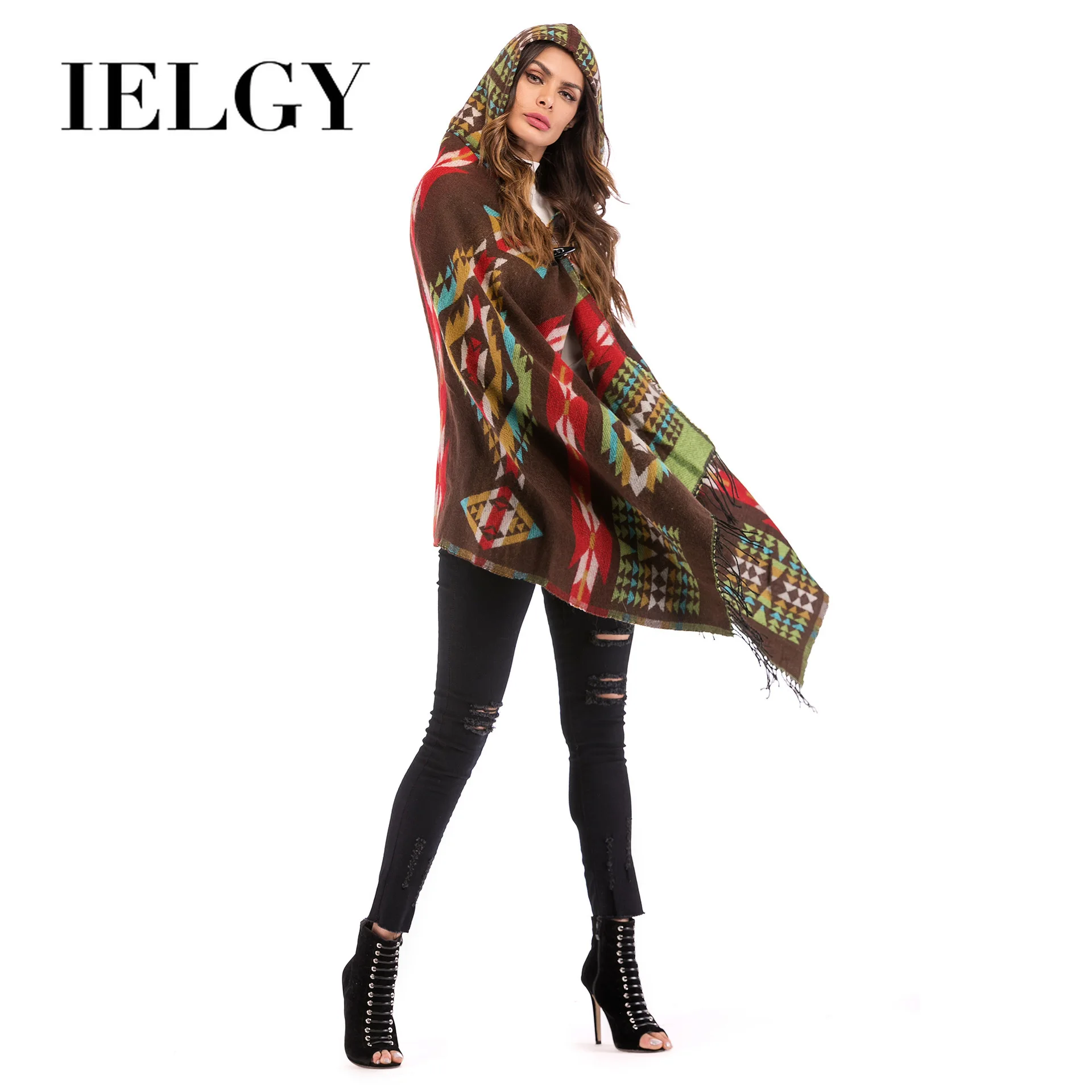

IELGY Hooded Sweater Women's Fashion mid-length trendy printing fringed cape Shawl wild wear