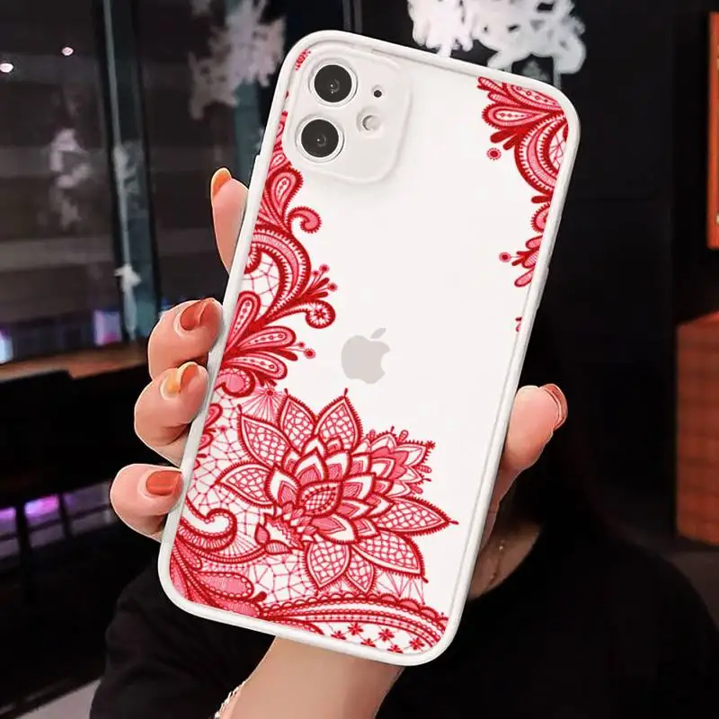 

Phone Case For iPhone 12 11 Mini Pro XR XS Max 7 8 Plus X Mandala Lace flower Matte transparent White Cover