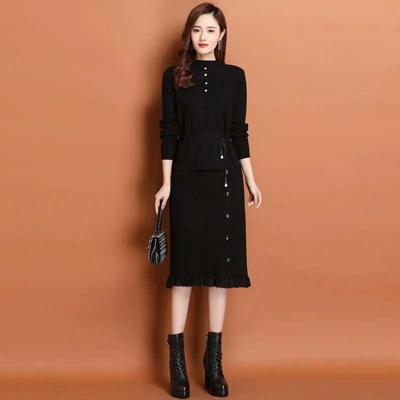 

2020 New Autumn Winter Women Sets High Quality Knitted Two Piece Set Elegant Slim Turtleneck Sweater And Mermaid Skirt