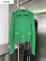 2021 new women high quality fashion long sleeved lapel solid color hand woven jacket
