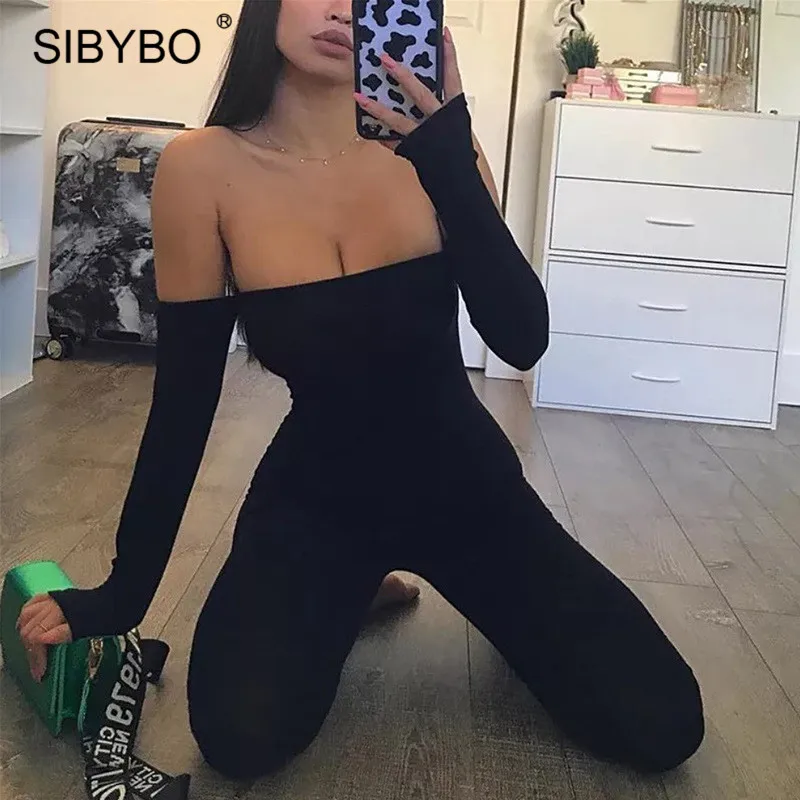 Женский комбинезон с открытыми плечами Sibybo Осенний Облегающий длинным рукавом и
