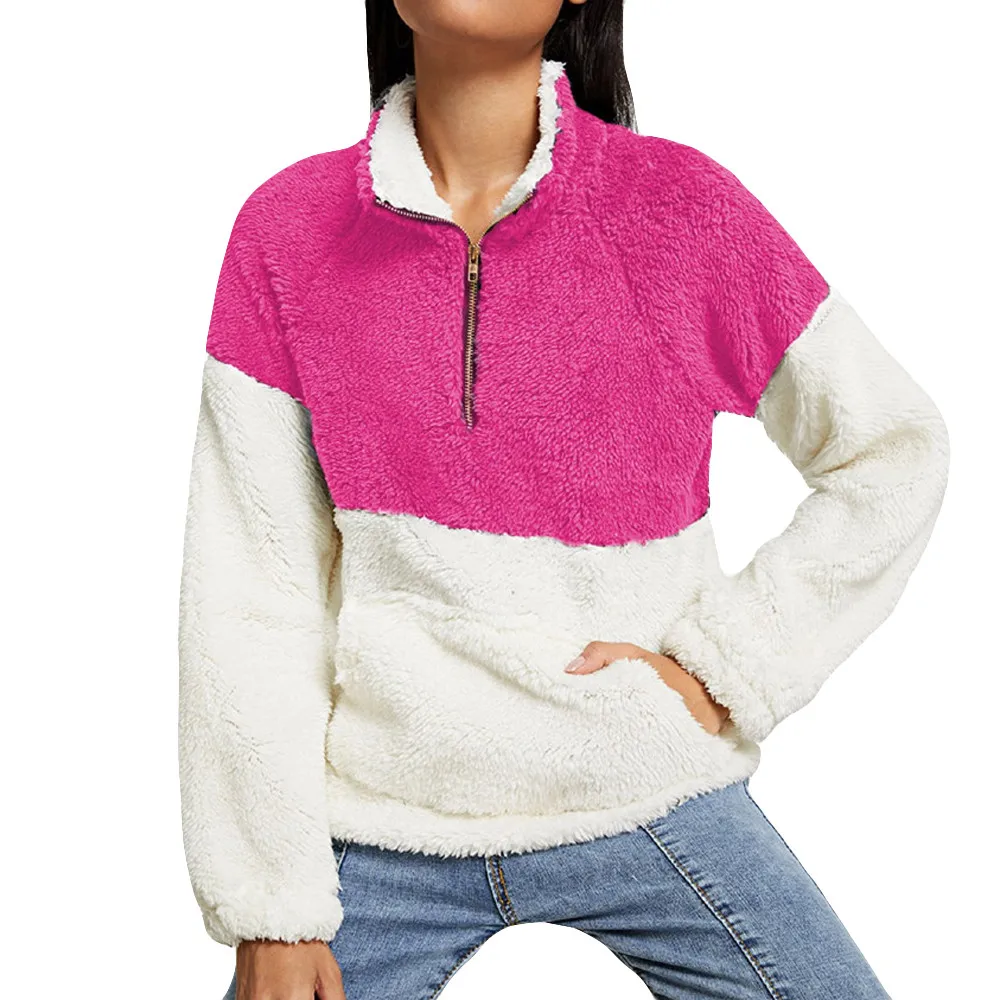 Hot Pink Женская флисовая толстовка с длинным рукавом, теплая Лоскутная Толстовка с капюшоном, осенне-зимний пуловер, женские толстовки, женское повседневное пальто - Цвет: Hot Pink