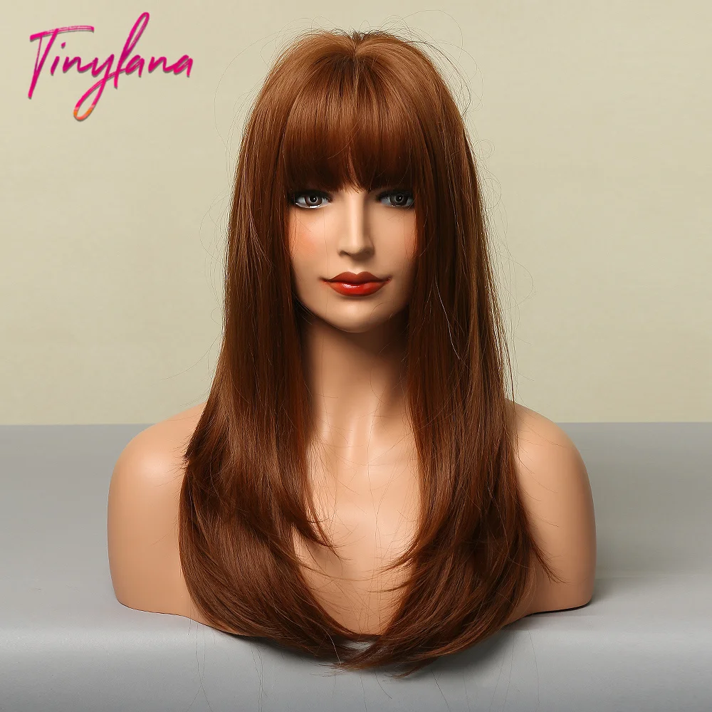 Long Straight Synthetic Wigs with Bangs For Women Copper Brown Blonde Layered Hair Wig Natural Cosplay Daily Hair Heat Resistant