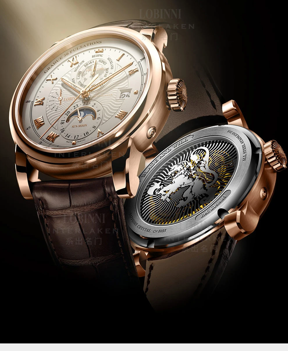 Швейцария LOBINNI мужские часы Moon Phase автоматические механические мужские наручные часы сапфир мировое время relogio masculin L16003-4