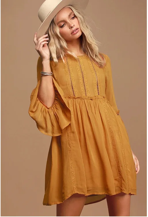 

Shirt 2020 women's round neck long sleeve solid color hollow out dress
