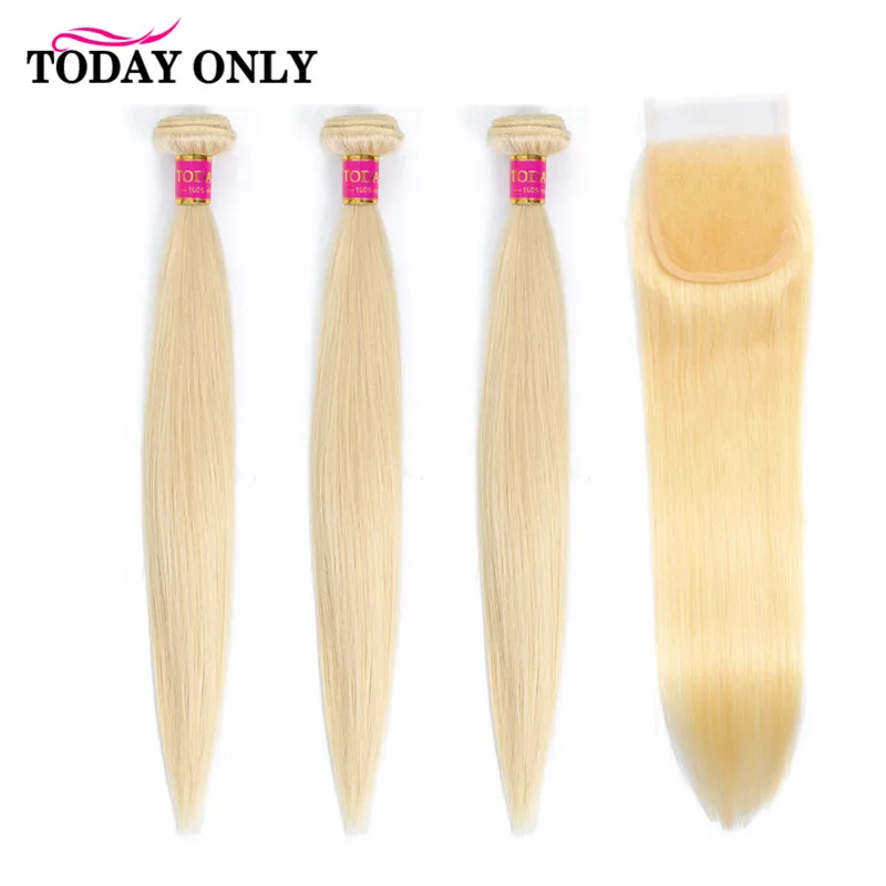 Сегодня только бразильские прямые волосы пучки с закрытием блонд 3/4 пучков 613