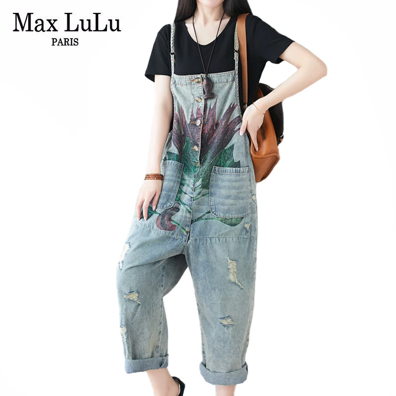 

Max LuLu 2021 Spring Style Trousers Womens Ripped Bleached Overalls Ladies Vintage Denim Pants Female Loose Pantalons Plus Size